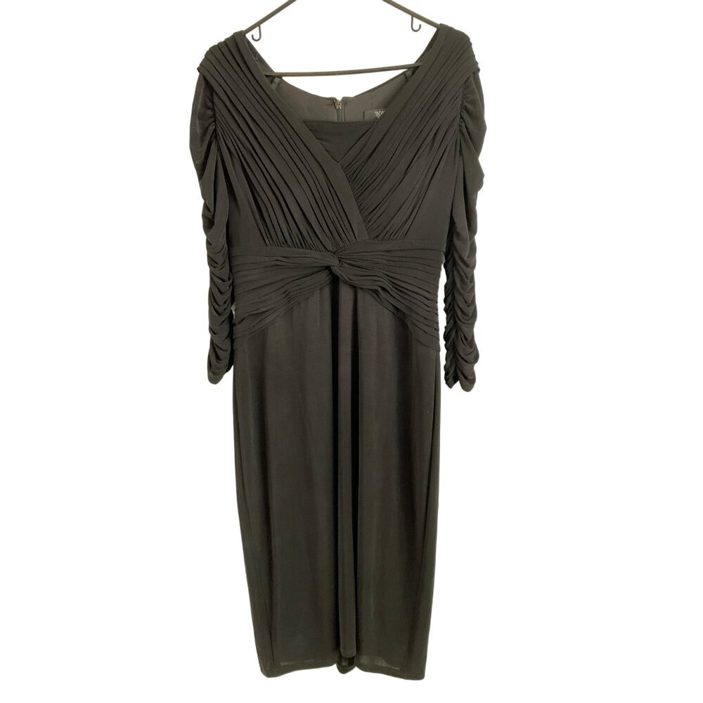 Tadashi Collection Black Ruched 3/4 Sleeve Midi Dress Large Knot 7327
